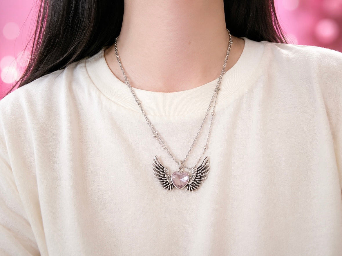 [NECKLACES] Rose Quartz Winged Heart Necklace | Cute Handmade Jewelry | Handmade Kawaii Gift