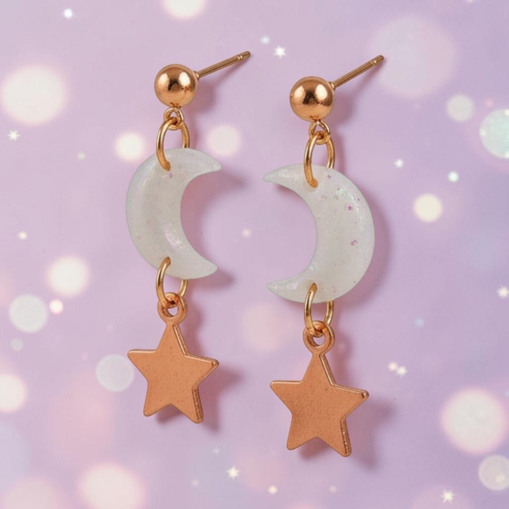 [EARRINGS] Opalescent Moon and Star Earrings | Cute Polymer Clay Jewelry | Handmade Kawaii Gift