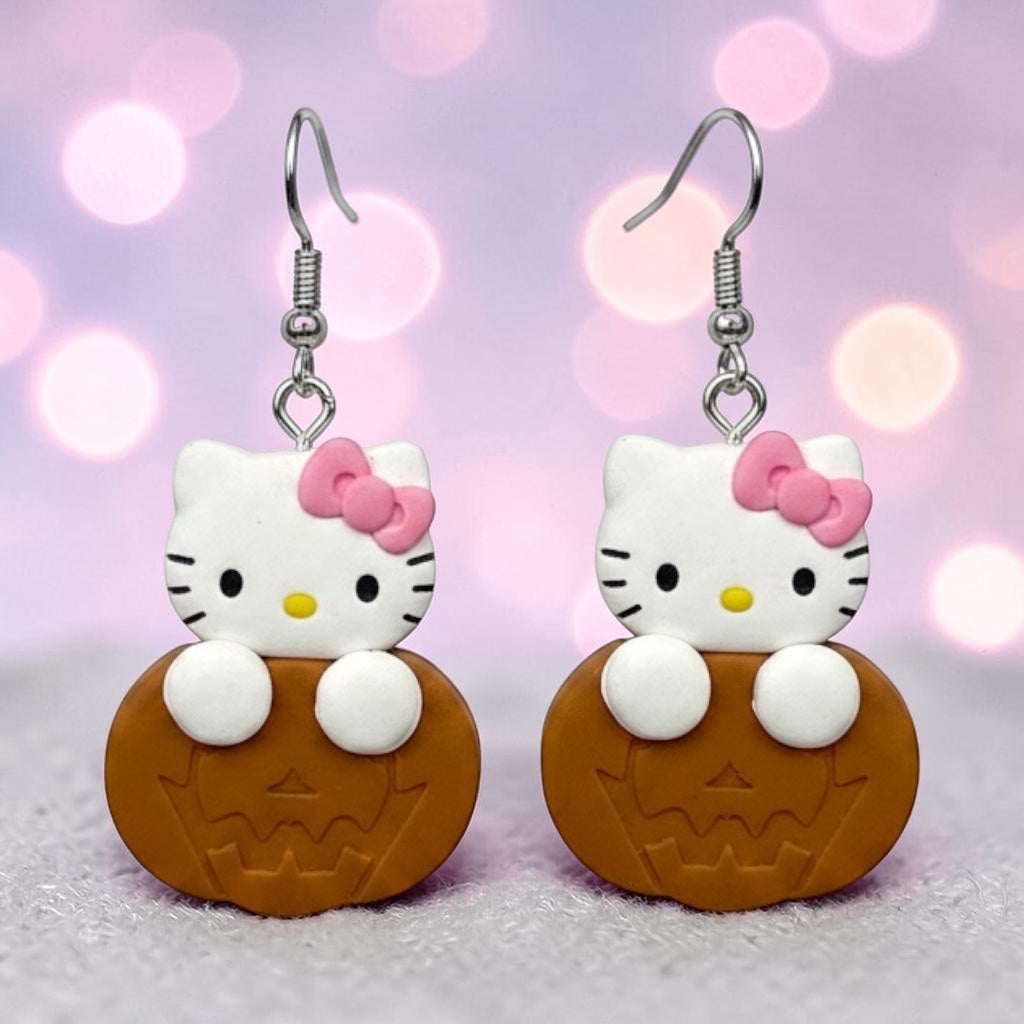 Kitty Jack-O-Lantern Earrings | Cute Polymer Clay Jewelry | Handmade Kawaii Gift