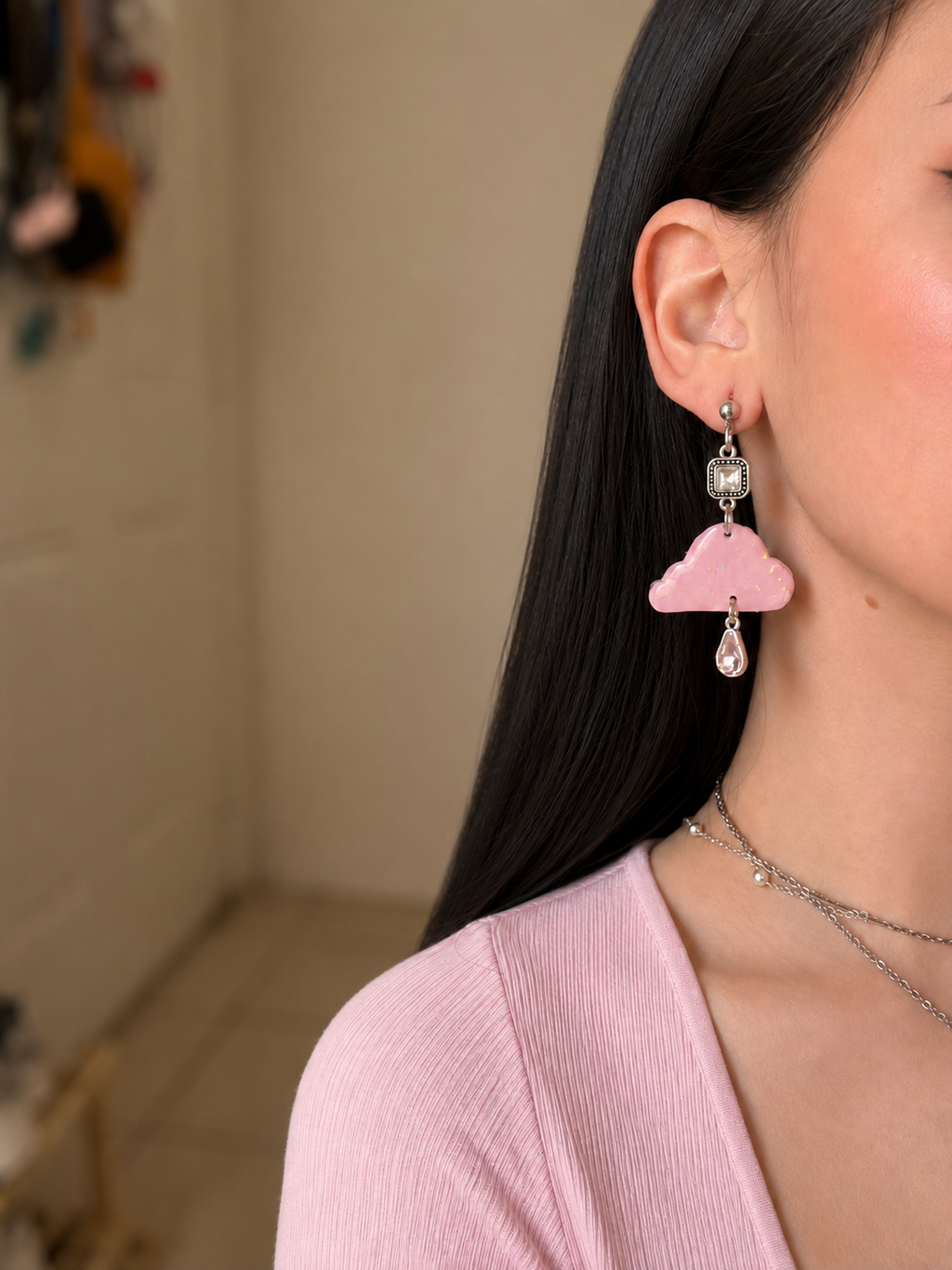 [EARRINGS] Pink Opalescent Cloud & Rose Quartz Teardrop Earrings | Cute Handmade Jewelry | Handmade Kawaii Gift
