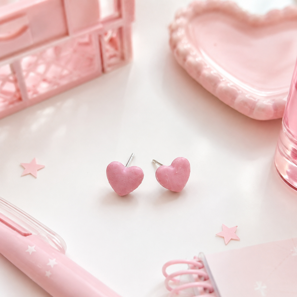 Pink Opalescent Heart Stud Earrings