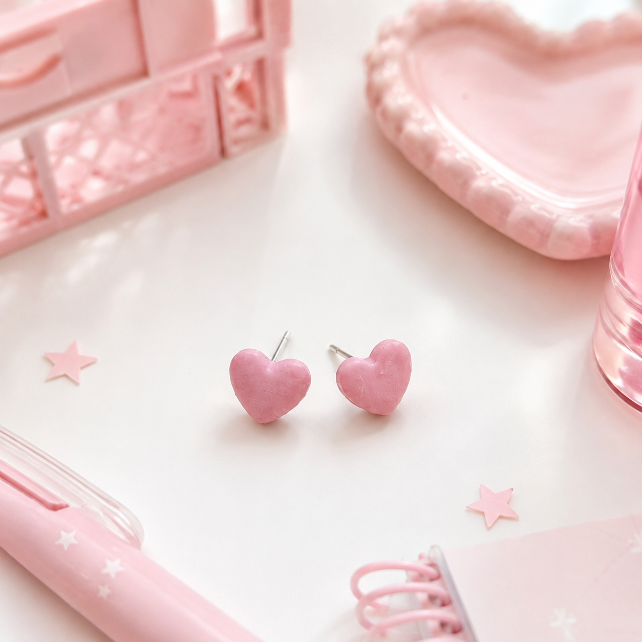 Pink Opalescent Heart Stud Earrings