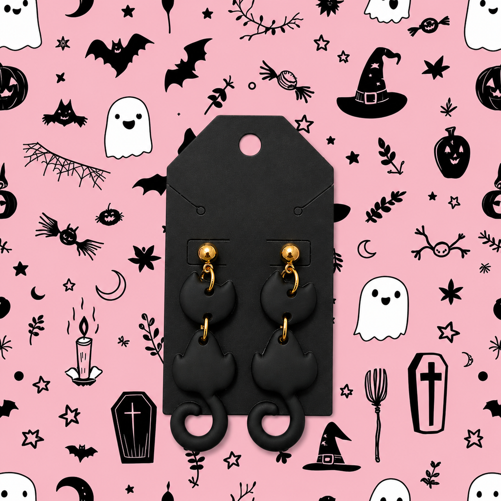[PRE-ORDER] Black Cat Dangly Earrings | Cute Polymer Clay Jewelry | Handmade Kawaii Gift