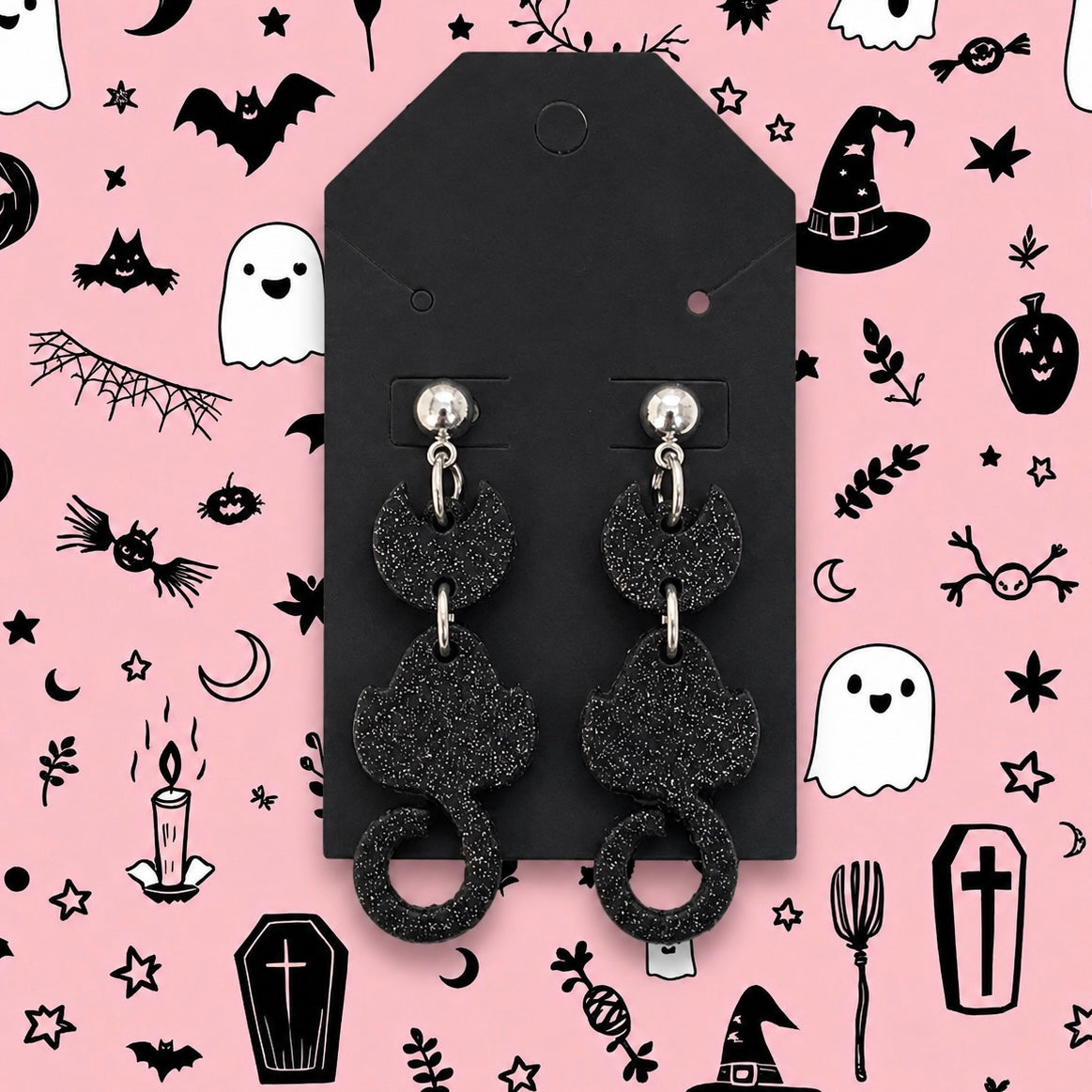 [PRE-ORDER] Black Cat Dangly Earrings | Cute Polymer Clay Jewelry | Handmade Kawaii Gift