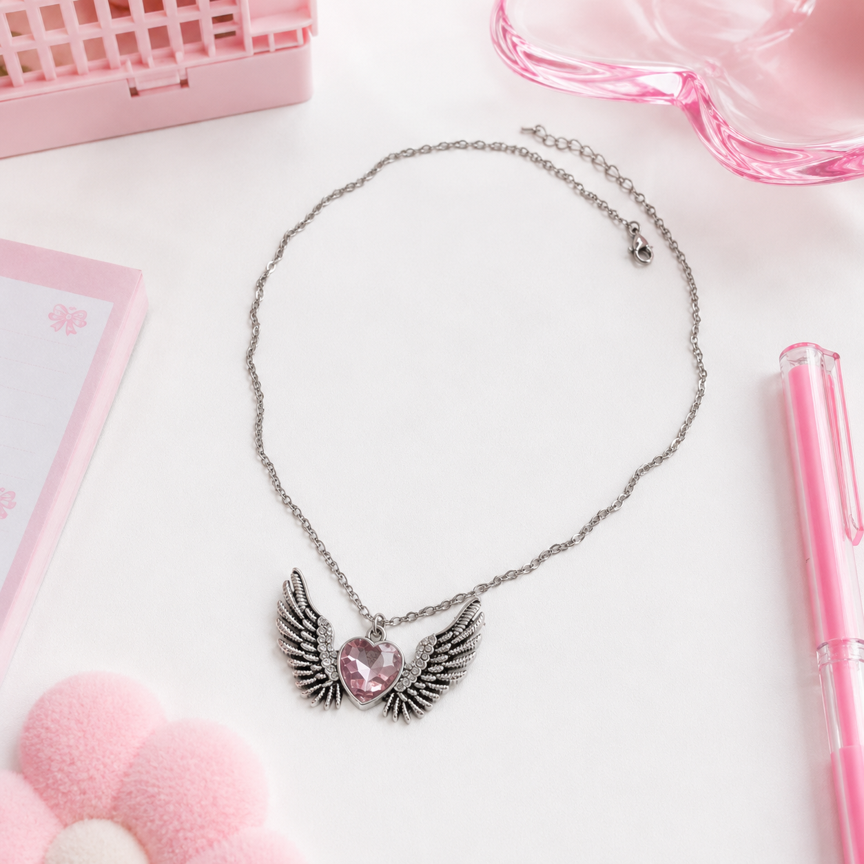 Rose Quartz Winged Heart Necklace