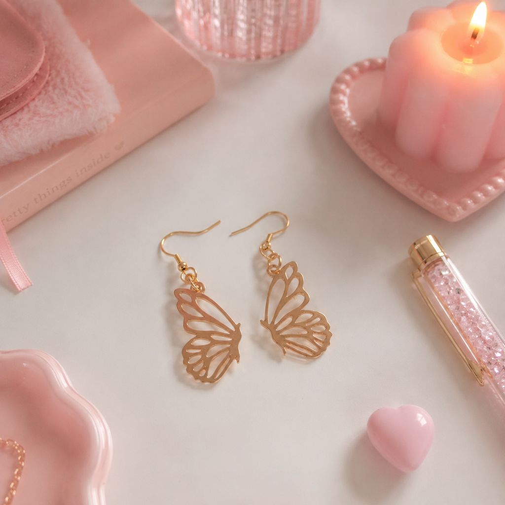 [EARRINGS] Dangling Golden Butterfly Earrings | Cute Handmade Jewelry | Kawaii Handmade Gift