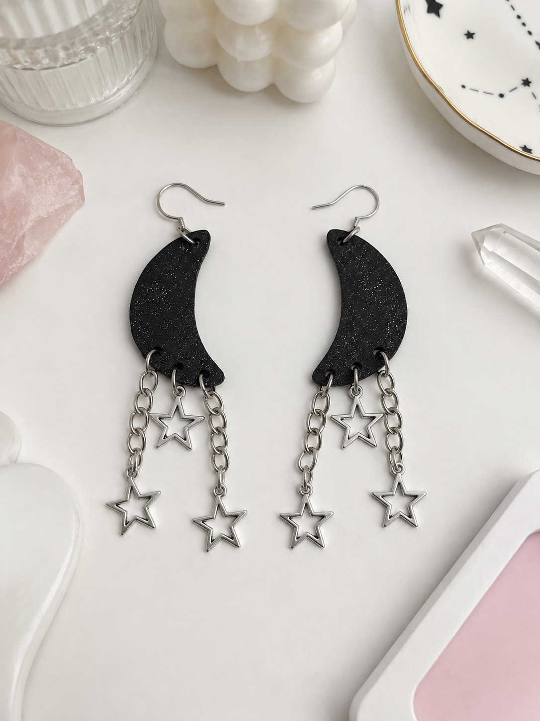 [EARRINGS] Glittery Black Moon & Star Earrings | Cute Polymer Clay Jewelry | Handmade Kawaii Gift