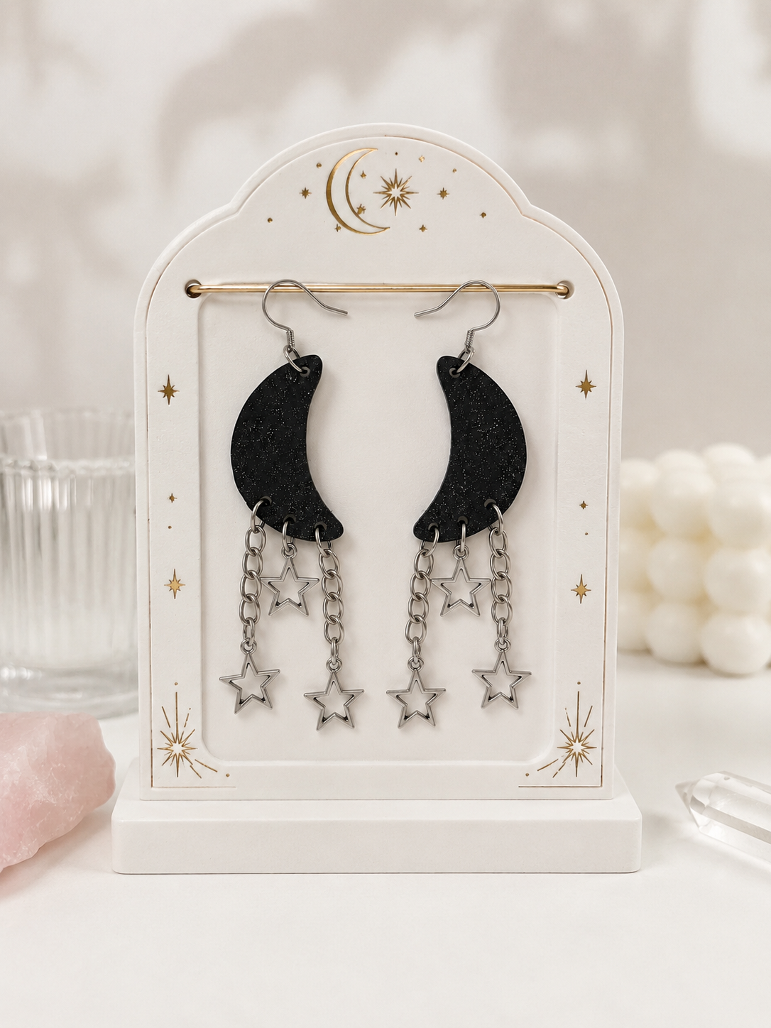 [EARRINGS] Glittery Black Moon & Star Earrings | Cute Polymer Clay Jewelry | Handmade Kawaii Gift