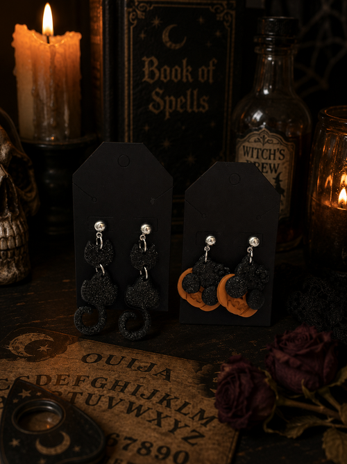 Black Cat Dangly Earrings | Cute Polymer Clay Jewelry | Handmade Kawaii Gift