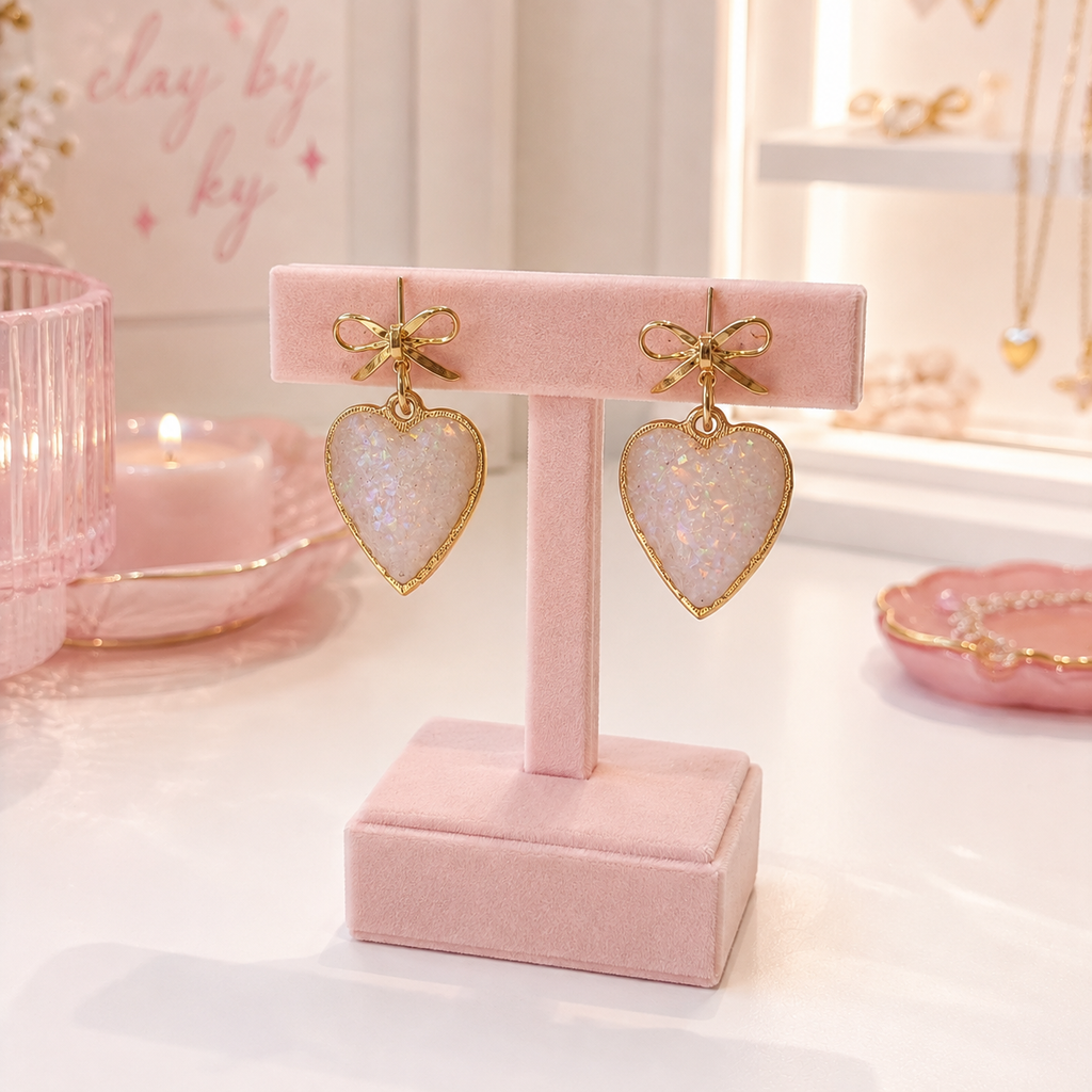 [EARRINGS] Opalescent Golden Heart Earrings | Cute Polymer Clay Jewelry | Handmade Kawaii Gift