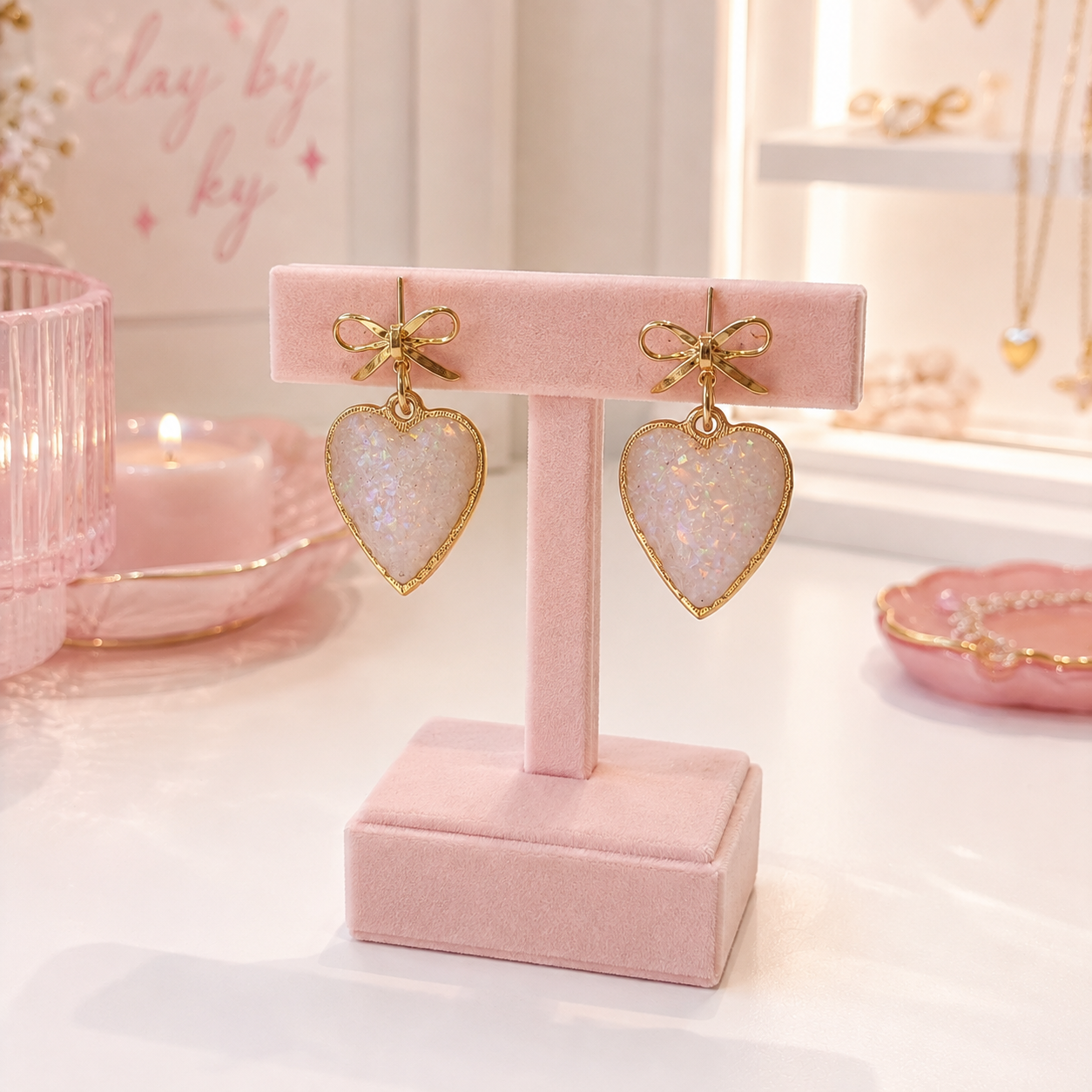 [EARRINGS] Opalescent Golden Heart Earrings | Cute Polymer Clay Jewelry | Handmade Kawaii Gift