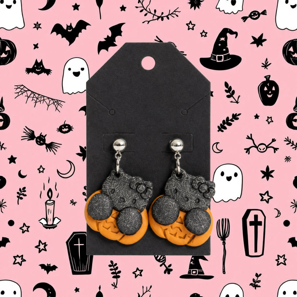 [PRE-ORDER] Glittery Black Hello Kitty Pumpkin Earrings | Cute Polymer Clay Jewelry | Handmade Kawaii Gift