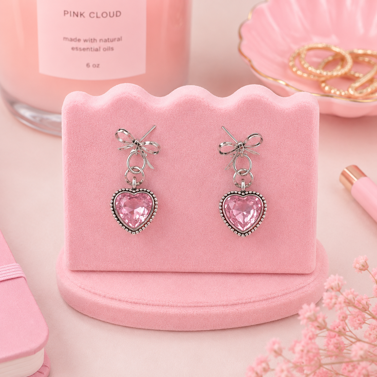 Rose Quartz Heart Dangle Earrings