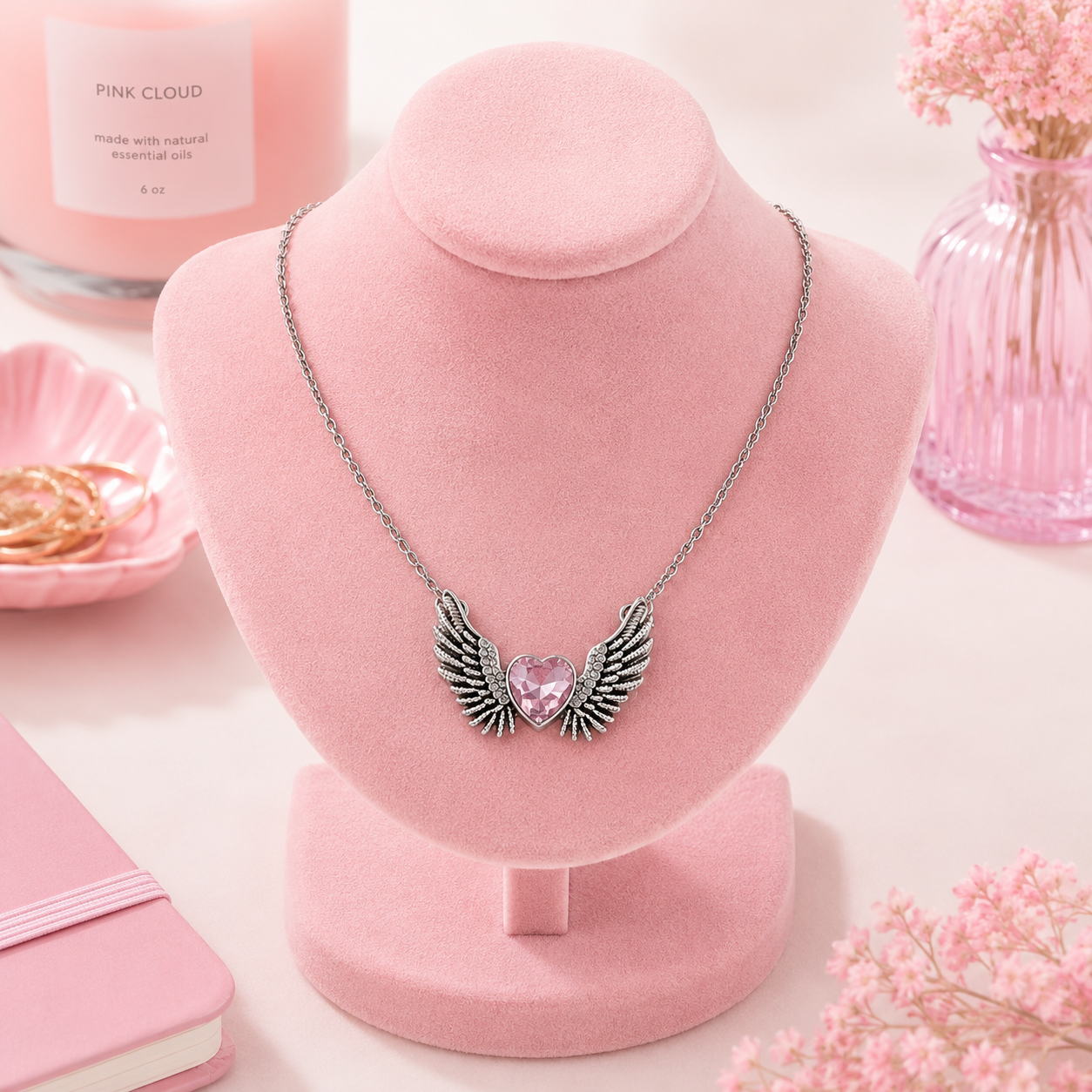 Rose Quartz Winged Heart Necklace